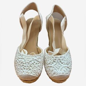 2/$20 - Wild Diva Lounge Lace Espadrille Wedge Sandals, Size 7 | Ivory/Cream